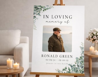 Personalized FUNERAL PHOTO BOARD And Eucalyptus Memorial Sign: Celebration Of Life Foam Board