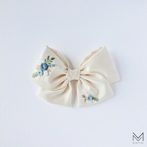 Hand Embroidered Blue Floral Satin Hair Bow - Elegant Hair Clip image 2