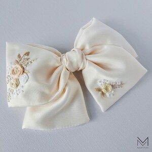 Hand Embroidered Blue Floral Satin Hair Bow - Elegant Hair Clip Romantic Neutral