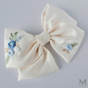 Hand Embroidered Blue Floral Satin Hair Bow - Elegant Hair Clip