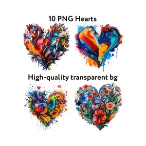 10 cuori PNG colorati / Amore per gli uccelli / Disegni astratti / Fiori / Natura / Alta qualità / Sfondo trasparente