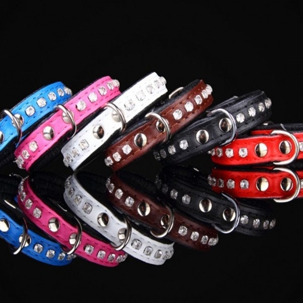 Leather collar dog collar collar with rhinestone leather blue, pink, red