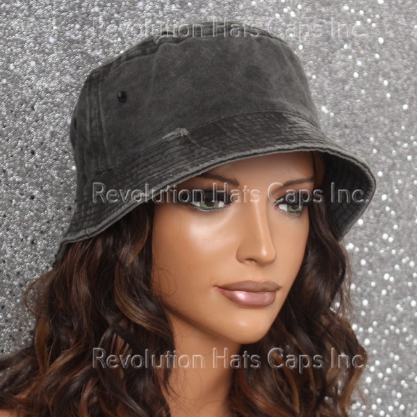 Black vintage distressed Bucket Hat Cotton Fits most average size heads Trendy Fashionable head wear Unisex