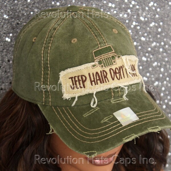 Jeep Hair Don't Care Cap Hat Trendy and tip vintage Distressed Army/Olive Green HIp Head wear One size fits most