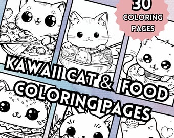 Kawaii Cat Coloring Pages, Cute Cat Coloring Sheets, Kawaii Food Coloring, Cute Food Coloring Book, Kawaii Coloring, Kids Coloring Sheets