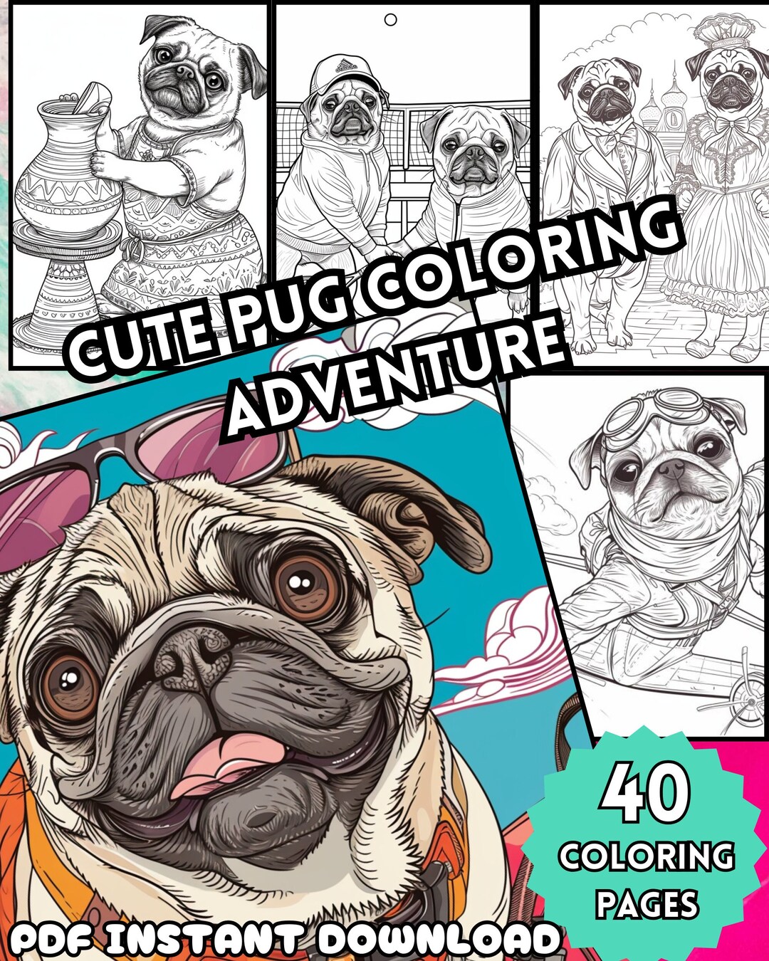 Cute Pug Coloring Pages, Adult Coloring Pages, Animals in Human Clothes ...