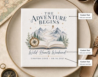 The Adventure Begins Custom Napkins Vintage Map Open Book Travel Couple Engagement Reception Table Favors