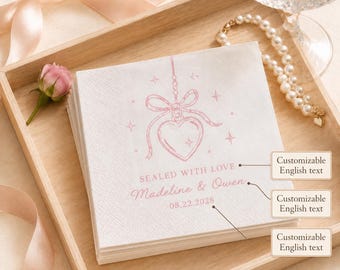 Personalized Cocktail Napkins, Soft Pink Heart Pendant Print, Engagement Gathering Custom Anniversary Table Gifts