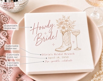 Personalized Cocktail Napkins, Vintage Floral Cowboy Boot Print, Western Bridal Shower Custom Table Gifts