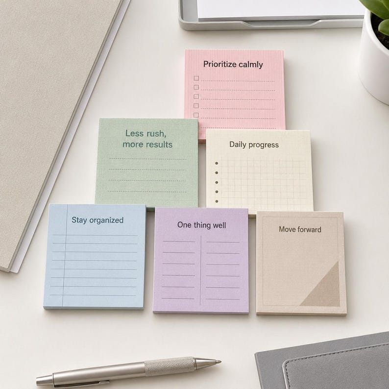 K&ouml;nnte beinhalten: Eine Sammlung von Haftnotizen in Pastellfarben mit verschiedenen motivierenden S&auml;tzen. Die Notizen enthalten "Prioritize calmly", "Less rush, more results", "Stay organized", "One thing well", "Daily progress" und "Move forward".