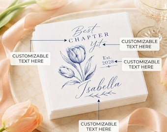 Personalized Navy Peony Bridal Shower Napkins, French Vintage Floral Wedding Favors