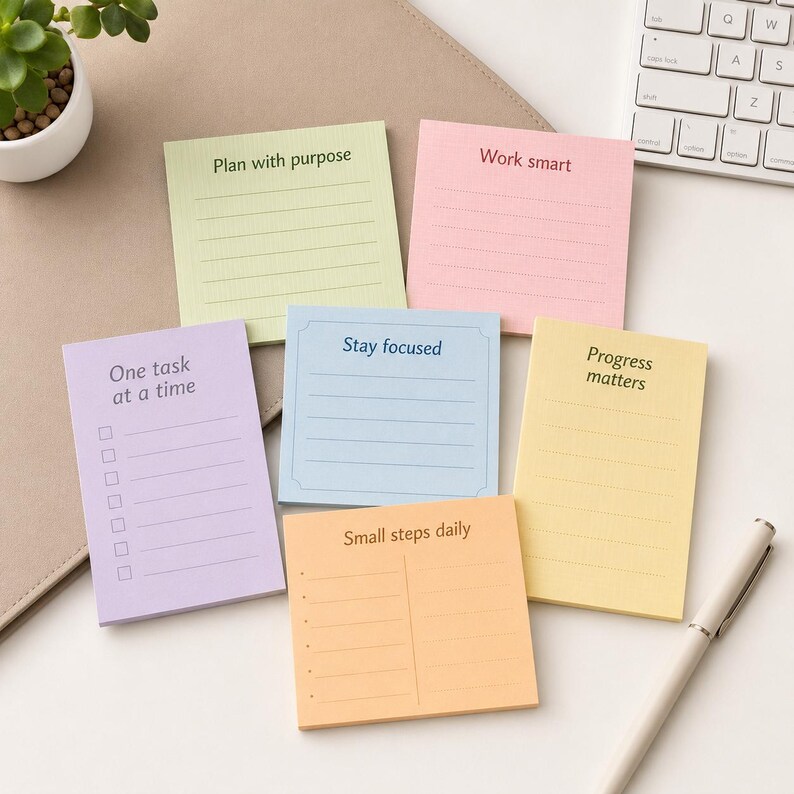 K&ouml;nnte beinhalten: Eine Sammlung farbiger Haftnotizen mit motivierenden S&auml;tzen wie "Plan with purpose" und "Work smart". Die Notizen sind in verschiedenen Pastellt&ouml;nen gehalten, darunter Rosa, Gelb und Blau, und sind zum Schreiben liniert. Ein Stift und eine Tastatur sind ebenfalls zu sehen.