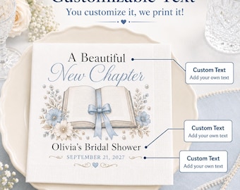 New Chapter Bride Shower Custom Cocktail Napkins Vintage Floral Book Personalized Wedding Table Favors