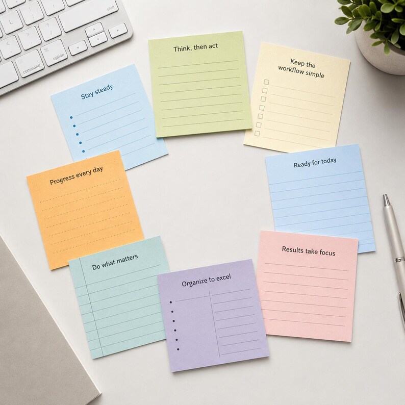 K&ouml;nnte beinhalten: Eine Sammlung farbiger Haftnotizen mit motivierenden S&auml;tzen wie "Stay steady" und "Progress every day". Die Notizen sind auf einer wei&szlig;en Oberfl&auml;che in der N&auml;he einer Tastatur, eines Stifts und einer kleinen Pflanze angeordnet, ideal f&uuml;r B&uuml;ro oder Zuhause.