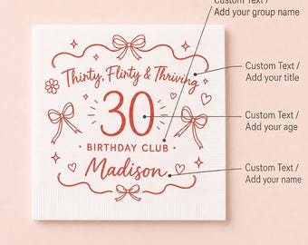Personalized Red Bow Birthday Napkins, Custom Name, Age, Girly Party Decor