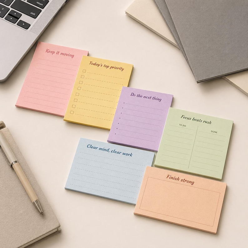 K&ouml;nnte beinhalten: Eine Sammlung farbiger Haftnotizen mit motivierenden S&auml;tzen wie &bdquo;Keep it moving&ldquo; und &bdquo;Today's top priority&ldquo;. Die Notizen sind in verschiedenen Pastellfarben gehalten, darunter Rosa, Gelb, Lila, Blau und Pfirsich. Ein Stift und ein Laptop sind ebenfalls sichtbar.