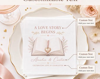 Custom Wedding Napkins: Blush Floral Open Book, Love Story Design, Bridal Reception Favors