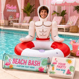 May include: An inflatable pool float shaped like a torso with a red and white life preserver. A banner reads "Beach Bash" with a flamingo and floral design. Napkins with a flamingo, watermelon, and sun design are also present.