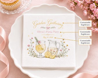 Personalized Garden Picnic Napkins, Floral Drink Party Tableware, Outdoor Event Favors