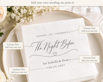 Personalized Cocktail Napkins, Minimal Script Wedding Eve Print, Rehearsal Gathering & Custom Couple Table Gifts