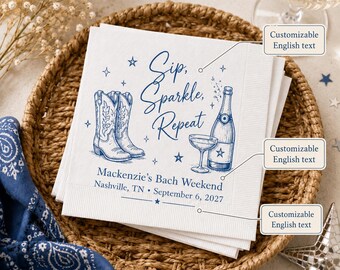 Personalized Cocktail Napkins, Western Boot Sparkling Wine Print, Nashville Bach Weekend Custom Table Gifts