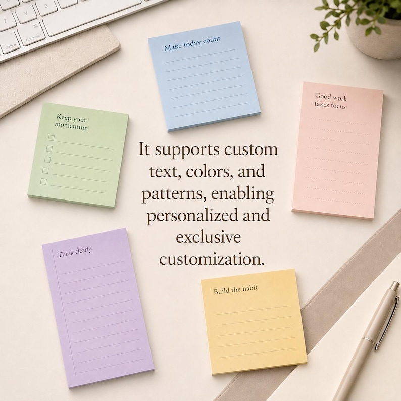 K&ouml;nnte beinhalten: Eine Sammlung farbiger Haftnotizen mit Texten wie "Make today count" und "Good work takes focus." Die Notizen sind in Blau, Gr&uuml;n, Rosa, Lila und Gelb gehalten. Eine Tastatur, ein Stift und eine kleine Pflanze sind ebenfalls zu sehen.