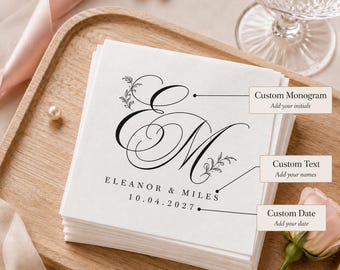 Personalized Cocktail Napkins, Elegant Floral Cursive Initial Print, Engagement Custom Anniversary Table Gifts
