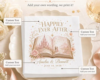 Personalized Love Story Napkins: Custom Names, Wedding Year, Floral Book Design