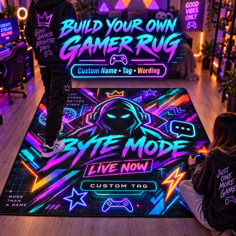 Neon Gaming Custom Rug, Personalized Gamer Carpet, Wedding Gift for the ...