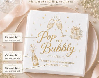 Luxury Custom Cocktail Napkins, Gold Bow Bubbly Shower Accents, Bride Meetup & Whimsical Romance Mementos