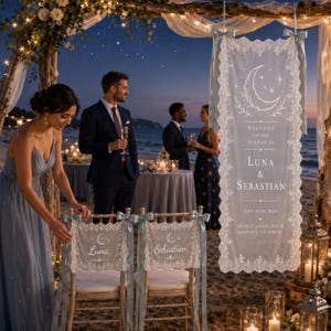Op de afbeelding: Een verticaal trouwbord van witte kant met een afbeelding van een maansikkel en sterren en de tekst Welcome to the wedding of Luna & Sebastian July 19th, 2029, Moonlit Garden Estate, Monterey, California, opgehangen aan lichtblauwe linten.