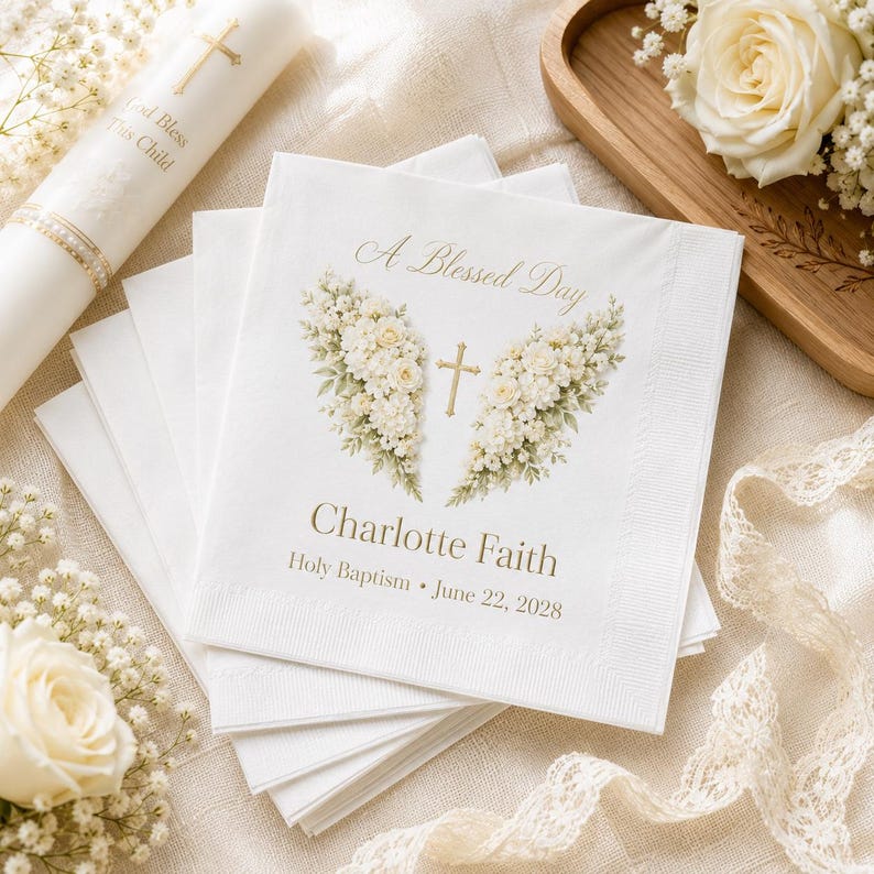 Op de afbeelding: Een stapel witte papieren servetten met een goudkleurige opdruk van bloemenvleugels en een centraal kruis. De tekst luidt A Blessed Day, Charlotte Faith, Holy Baptism en 22 juni 2028 in elegant gouden lettertype op het voorste servet.