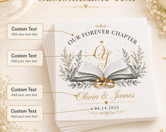 Our Forever Chapter Wedding Custom Napkins Floral Open Book Newlywed Reception Table Favors