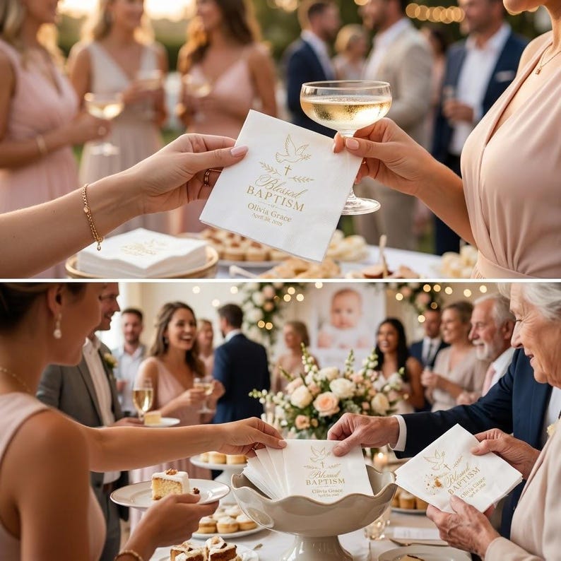 Puede incluir: Una servilleta de papel blanca con un icono de paloma y cruz en l&aacute;mina dorada sobre el texto Blessed Baptism, seguido del nombre Olivia Grace y una fecha. La servilleta se sostiene en la mano junto a una copa de champ&aacute;n en un evento.