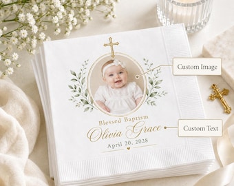 Personalized Baby Baptism Photo Napkins | Custom Christening Cocktail Napkins | Celebration Party Favor