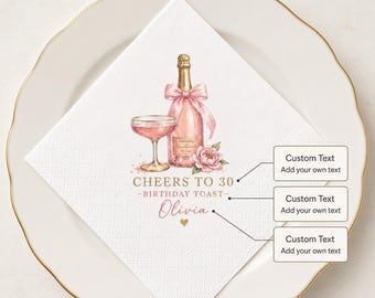 Personalized Pink Champagne Birthday Napkins: Custom Name, Age, Floral Toast Decor