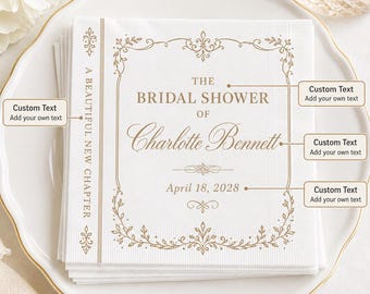Personalized Bridal Shower Napkins: Ornate Scroll Border, Custom Name Date Tea Party Decor