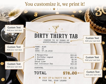 Bar Receipt Style Custom Birthday Napkins Milestone Adult Cocktail Party Friend Dinner Table Favors