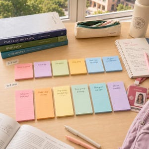 Può includere: Una collezione di post-it colorati, alcuni di 7,6 x 7,6 cm e altri di 7,6 x 10,2 cm, con frasi motivazionali come "Dream big" e "You are incredible". I post-it sono disposti su una scrivania di legno con libri e cancelleria.