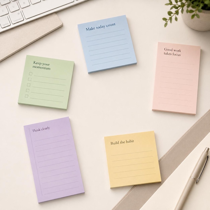 K&ouml;nnte beinhalten: Eine Sammlung farbiger Haftnotizen mit motivierenden S&auml;tzen. Die Notizen sind in Pastellt&ouml;nen von Blau, Gr&uuml;n, Rosa, Gelb und Lila gehalten. Jede Notiz hat Linien zum Schreiben und einen anderen Satz, wie z. B. "Make today count."