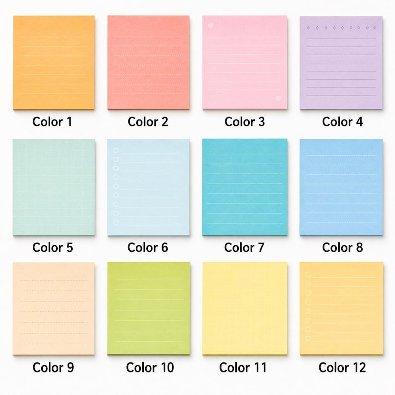 K&ouml;nnte beinhalten: Eine Sammlung von zw&ouml;lf quadratischen Haftnotizen in verschiedenen Farben, jeweils mit horizontalen Linien. Die Notizen sind mit "Color 1" bis "Color 12" beschriftet. Einige Notizen haben dekorative Elemente wie Herzen oder Aufz&auml;hlungszeichen.
