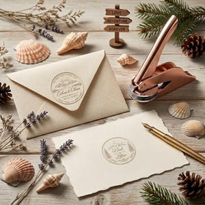 May include: A rose gold embosser tool, a cream-colored envelope with a circular mountain-themed seal, and a deckle-edged card featuring a circular mountain stamp. The seal reads "The best view is with you, Ethan & Olivia, August 15, 2016."