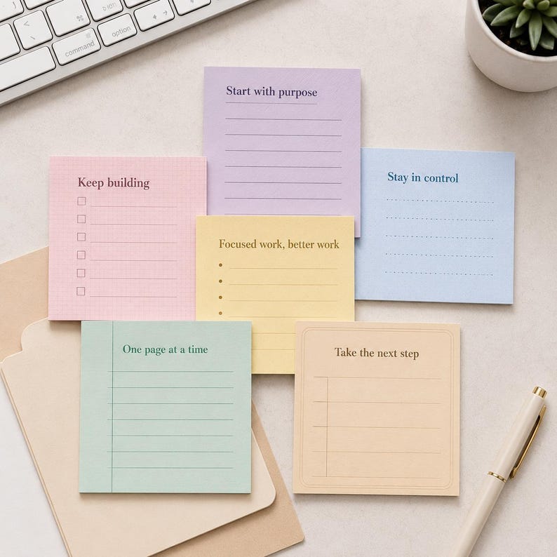 K&ouml;nnte beinhalten: Eine Sammlung farbiger Haftnotizen mit motivierenden S&auml;tzen wie &bdquo;Mit Absicht beginnen&ldquo; und &bdquo;Gehen Sie den n&auml;chsten Schritt&ldquo;. Die Notizen sind in Pastellt&ouml;nen von Rosa, Lila, Gelb, Blau und Beige gehalten und mit Linien und Kontrollk&auml;stchen versehen.
