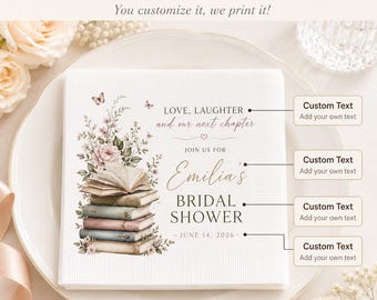 Custom Bridal Shower Napkins: Love Laughter Next Chapter, Peony Butterfly Design