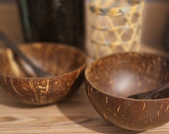 Set of 2 Coconut Bowls | Polished Coconut | Eco Friendly | Wooden Spoons | Gift