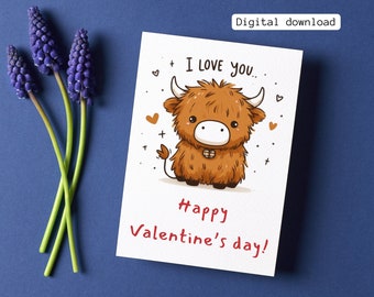 Happy Valentine's Day Printable Card || Cute Scottish Highland Baby Cow I Love You || Instant PDF Download