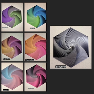 May include: Six hexagonal wall art pieces with a swirling pattern in different color combinations. The colors include purple, green, gold, magenta, blue, black, and silver.