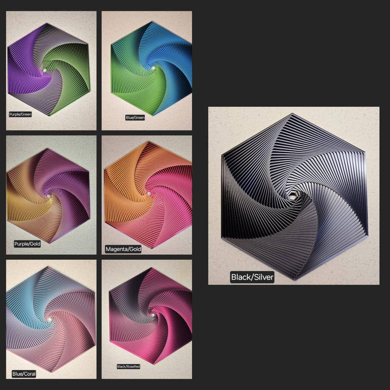 May include: Six hexagonal wall art pieces with a swirling pattern in different color combinations. The colors include purple, green, gold, magenta, blue, black, and silver.