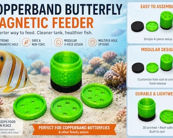 Alimentador magnético para mariposas Copperband impreso en 3D – Diseño moleteado / Estación de alimentación para acuario para mariposas Copperband / Incluye 3 tapas de alimentación / 40 mm