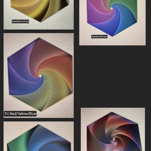 May include: Four hexagonal wood wall art pieces with a spiral design. The colors are red, black, gold, yellow, blue, green, and orange.